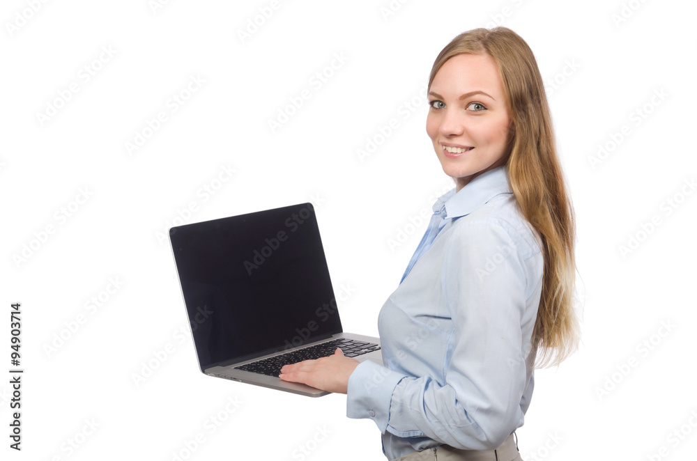 Office employee holding laptop isolated on white Office employee holding laptop isolated on white