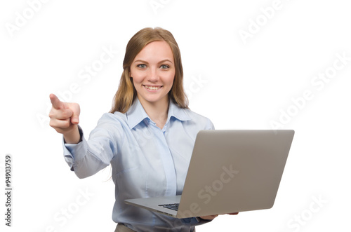 Office employee holding laptop isolated on white