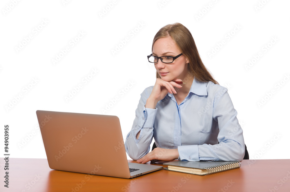 Office employee holding laptop isolated on white Office employee holding laptop isolated on white