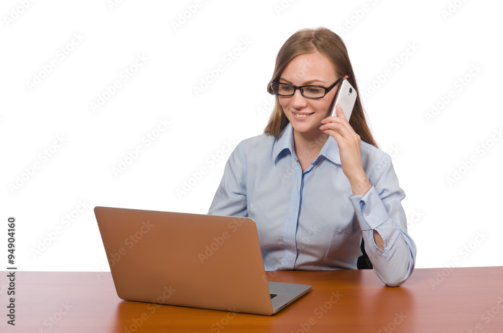 Office employee with laptop and phone isolated on white Office employee with laptop and phone isolated on white