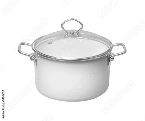 white saucepan with glass lid on white background
