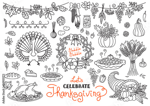 Let's celebrate Thanksgiving Day doodles set. Traditional symbols - thanksgiving turkey, pumpkin pie, corn, cornucopia, wheat. Freehand vector drawings collection isolated