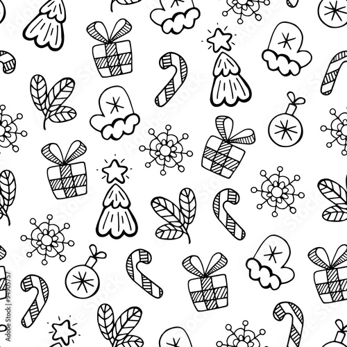 Christmas black and white sketch, vector seamless pattern. Chris