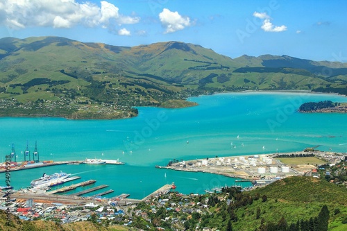 View of Lyttelton Harbour taken from the top of Port Hills where Christchurch gondola station is located. South Island, New Zealand attractions. photo