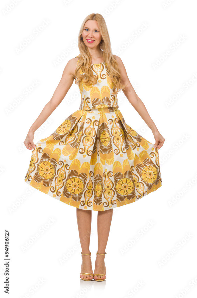 Pretty girl in yellow floral dress isolated on white