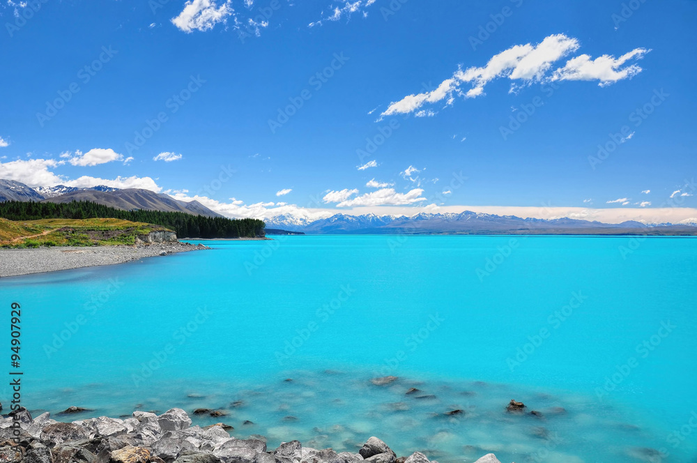 Lake Pukaki with beautiful view on Southern Alps in the background