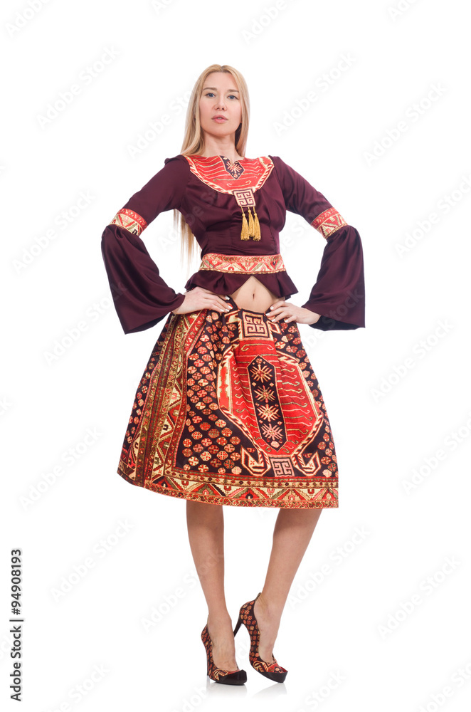 Woman in dress with oriental prints isolated on white