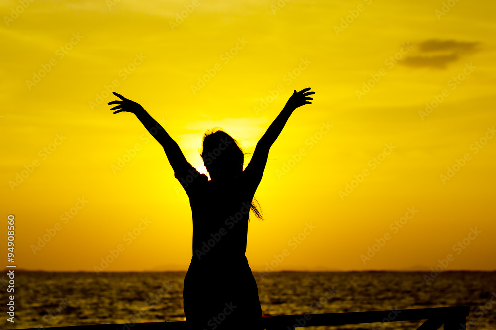 Stock Photo:.Profile of a woman silhouette watching sun on the b