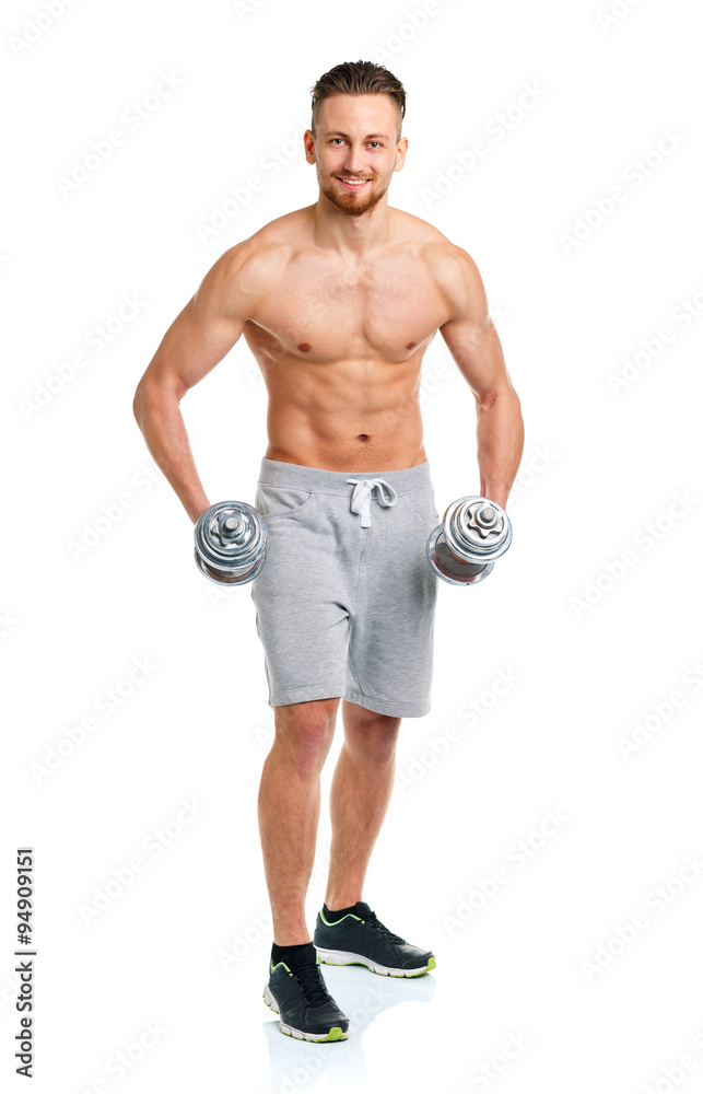 Sport man with dumbbells on the white
