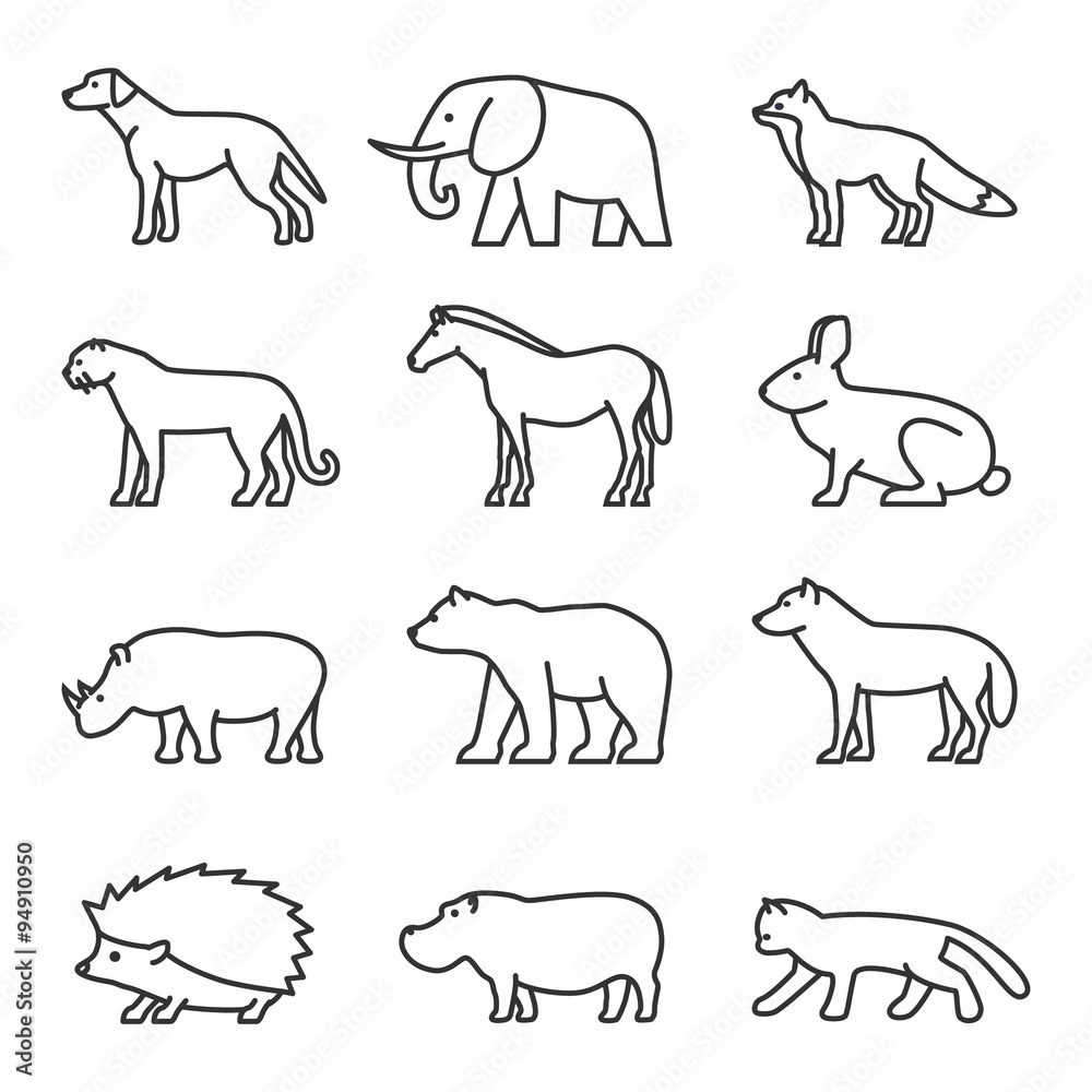 Outline icon animals set. Domestic and wild. Stock Vector | Adobe Stock