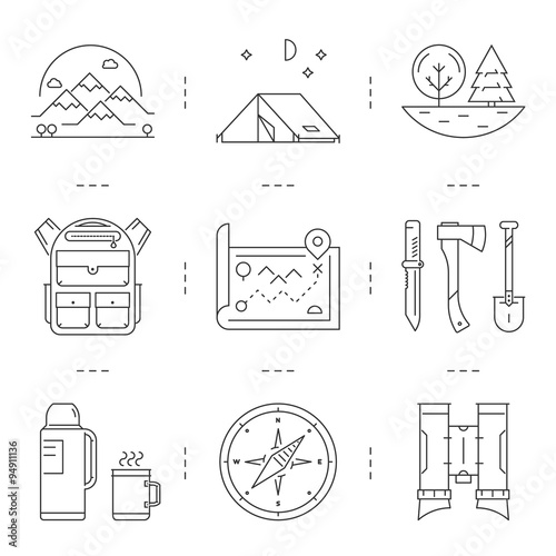Line icons set of hiking, camping and tourism