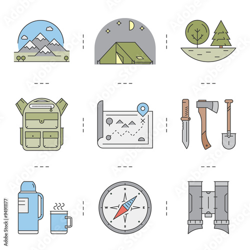 Line icons set of hiking and camping and tourism