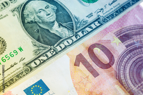 U.S. one dollar bill and ten euro