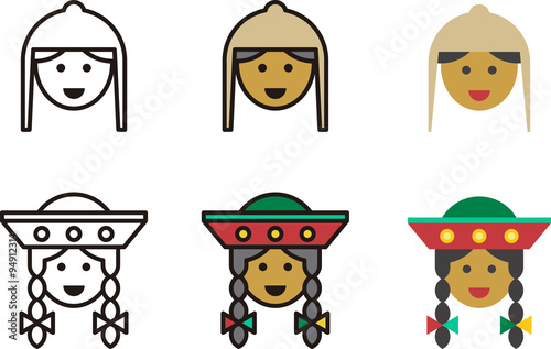 set of PERUVIAN man and woman icons with traditional clothing