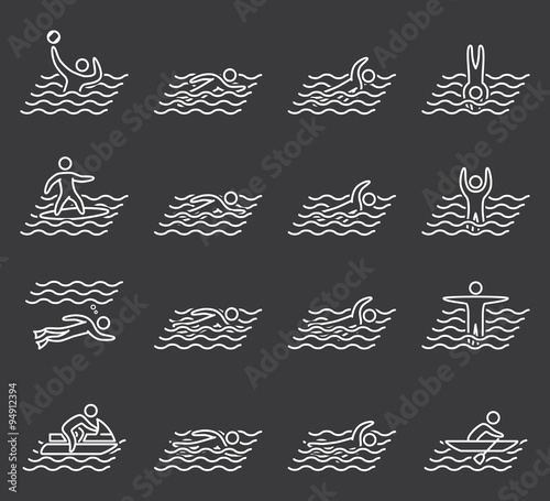 Linear icons swimming. Set of figures swimmers
