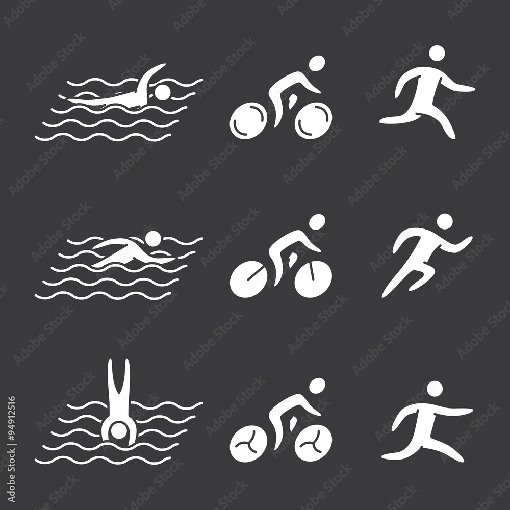 Silhouettes of figures triathlon athletes. Swimming, cycling and