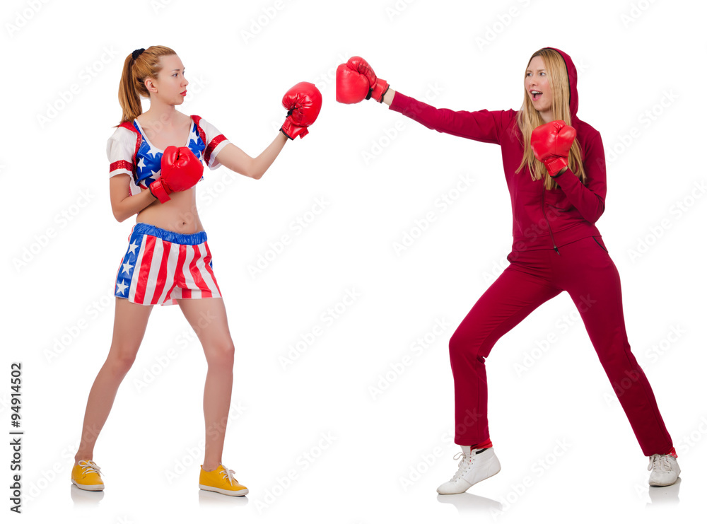 Two girls boxing isolated on white