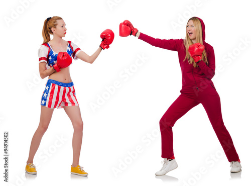 Two girls boxing isolated on white © Elnur