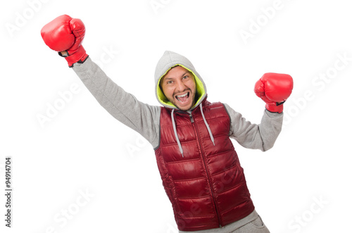 Man wearing boxing gloves isolated on white © Elnur