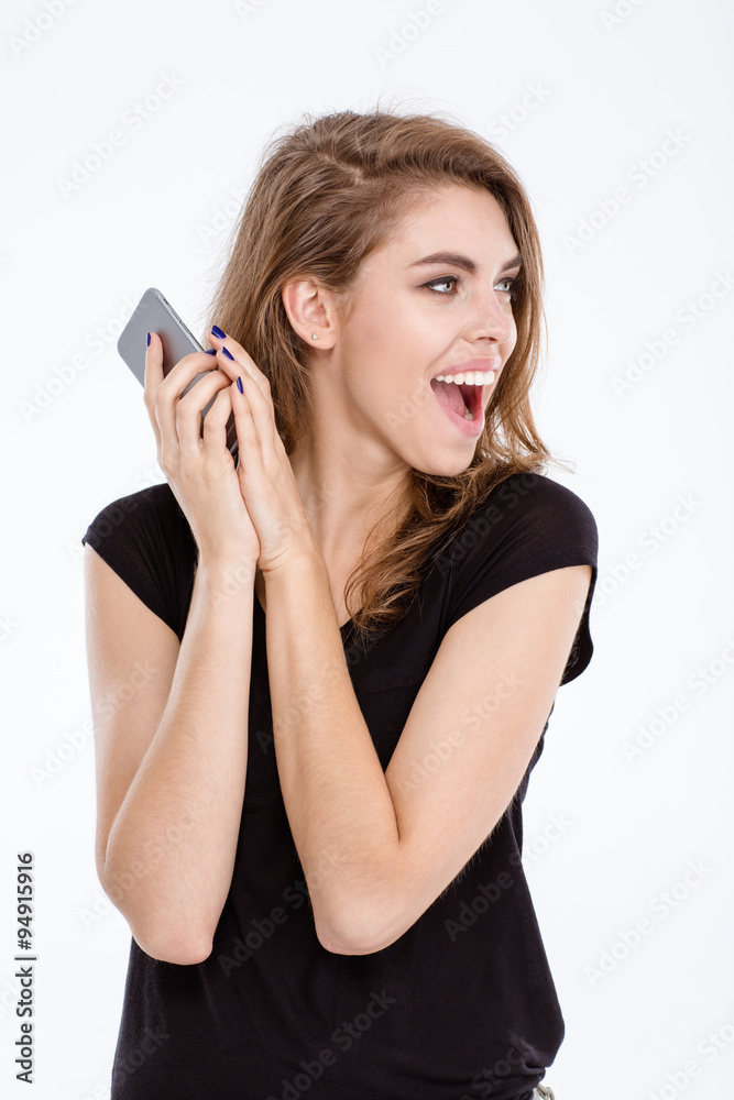Woman closed microphone on phone with palm Woman closed microphone on phone with palm