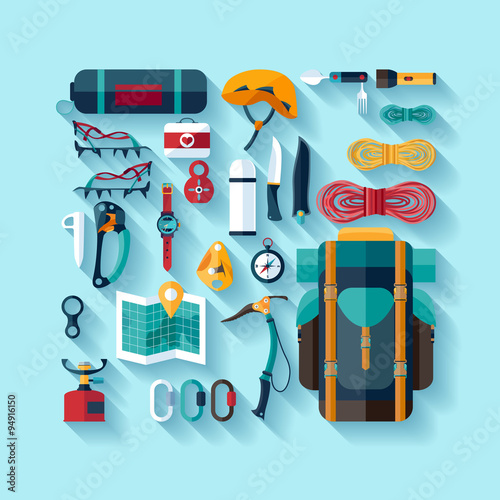 Climbing equipment. Flat design.