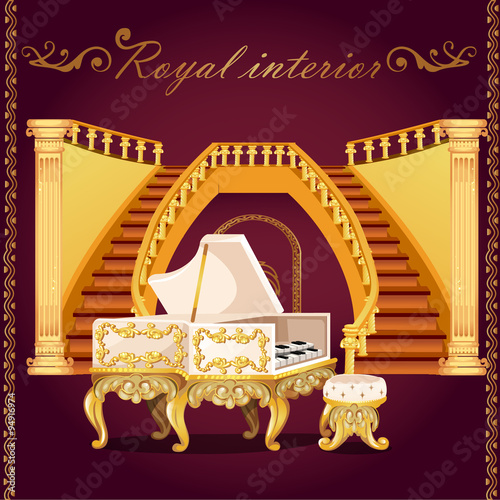 Gold piano and Grand staircase with columns photo