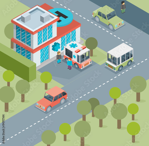 Isometric hospital and ambulance building with parking 