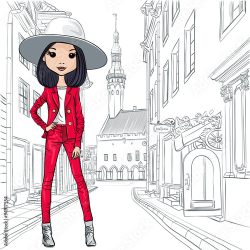 Vector beautiful fashion girl in costume and hat