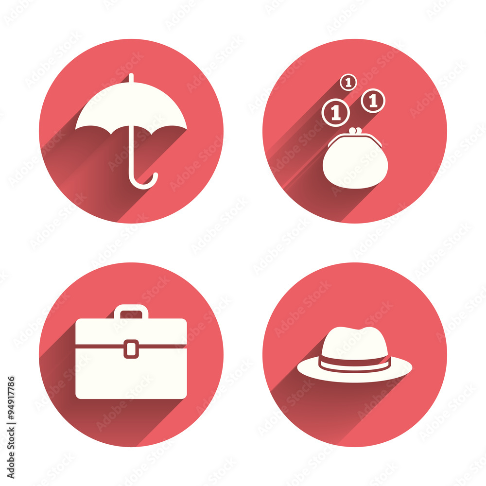 Umbrella, wallet and hat with case. Umbrella, wallet and hat with case.