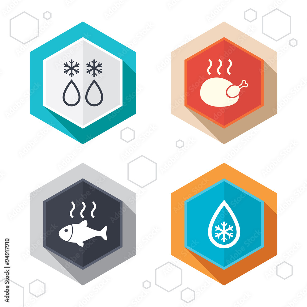Defrosting drop and snowflake. Fish, chicken. Defrosting drop and snowflake. Fish, chicken.