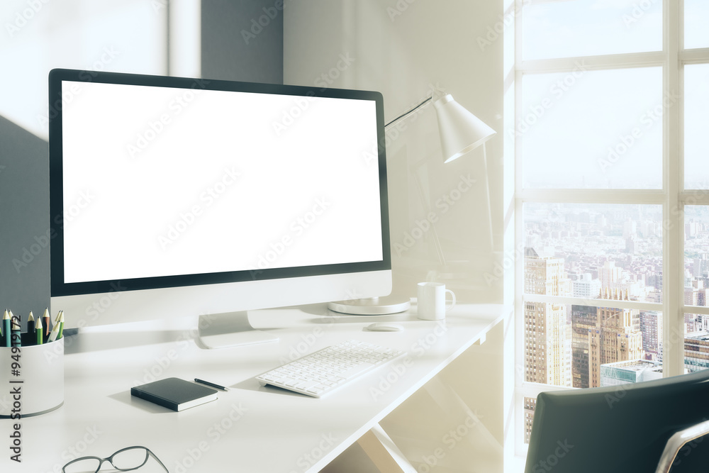 Fotografie Blank computer desktop with keyboard, diary and other accesories