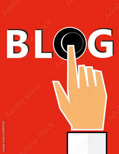 Hand pressing a button in the word BLOG to open the website