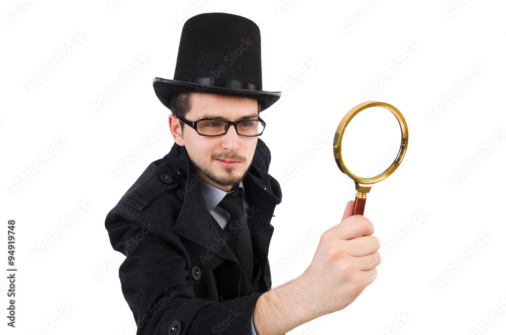 Young detective with magnifying glass isolated on white Young detective with magnifying glass isolated on white