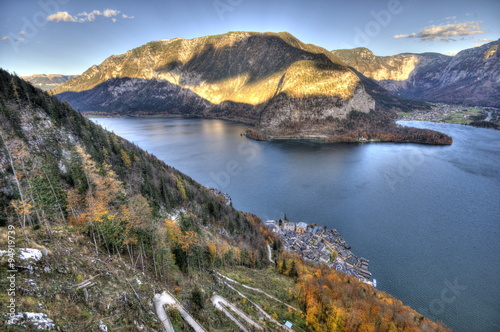 Beautiful village of Hallstatt on the side of a lake in the Alp