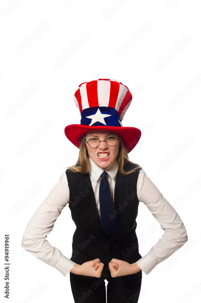 Woman wearing hat with american symbols Woman wearing hat with american symbols