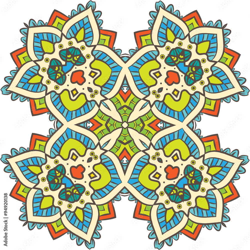 Ethnic Fractal Mandala Vector Meditation looks like Snowflake or Maya Aztec Pattern or Flower too Isolated on White Colorful Ethnic Fractal Mandala Vector Meditation looks like Snowflake or Maya Aztec Pattern or Flower too Isolated on White Colorful
