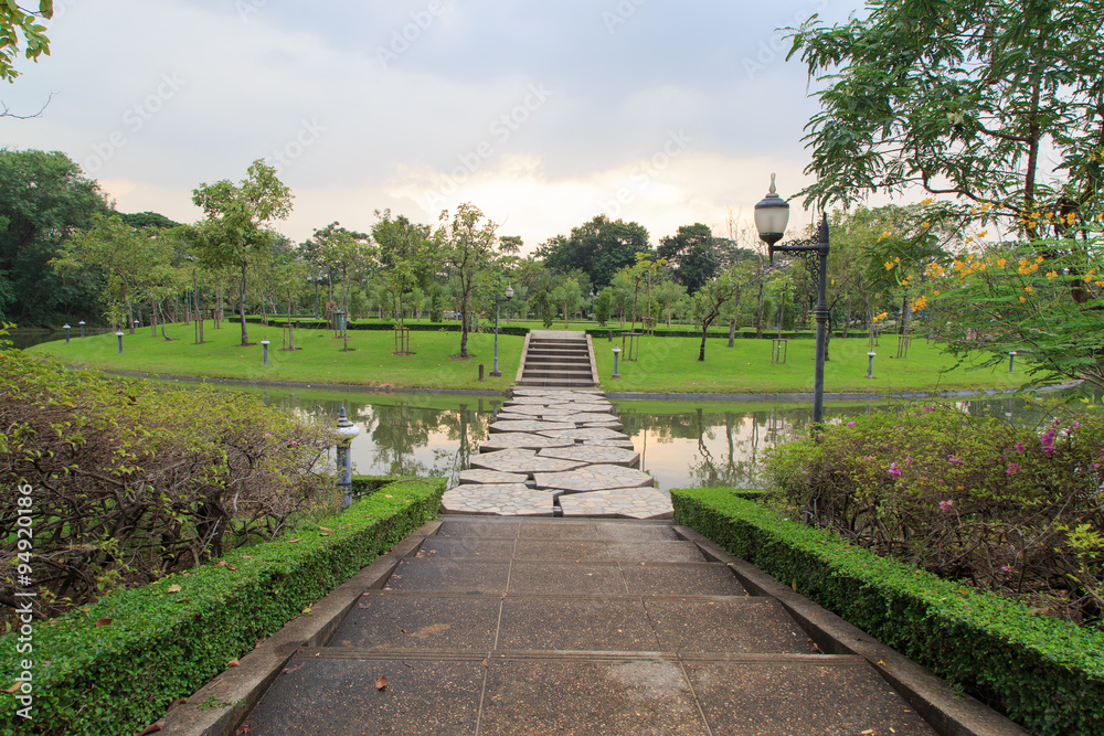 Beautiful stone bridge across the lake in Sirikit park Bangkok Thailand Beautiful stone bridge across the lake in Sirikit park Bangkok Thailand