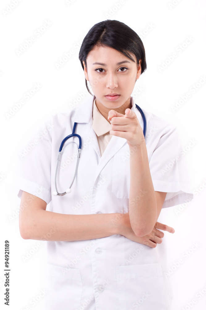 serious female doctor pointing at you serious female doctor pointing at you