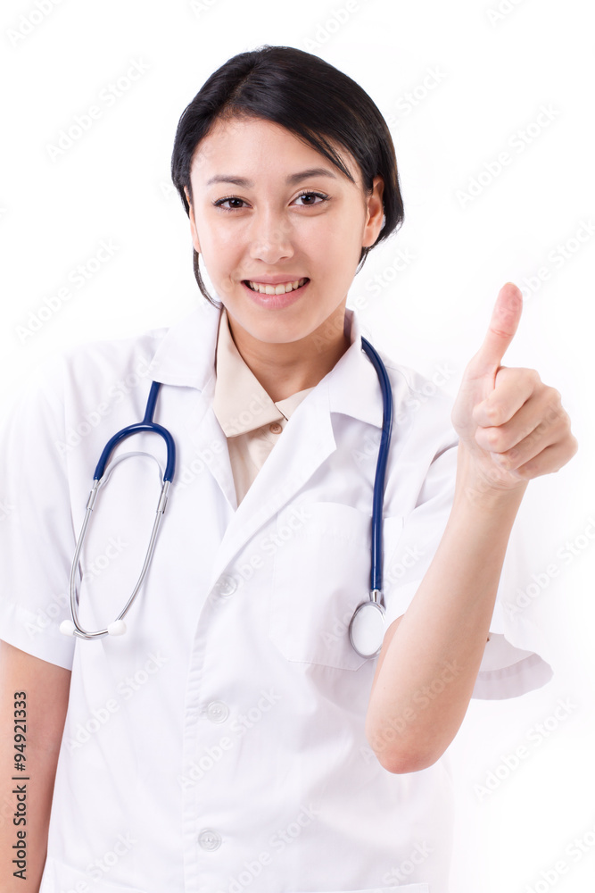 female doctor showing thumb up hand sign gesture female doctor showing thumb up hand sign gesture