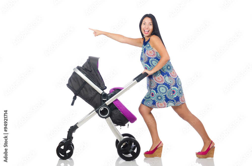Happy mom with her baby in pram Happy mom with her baby in pram