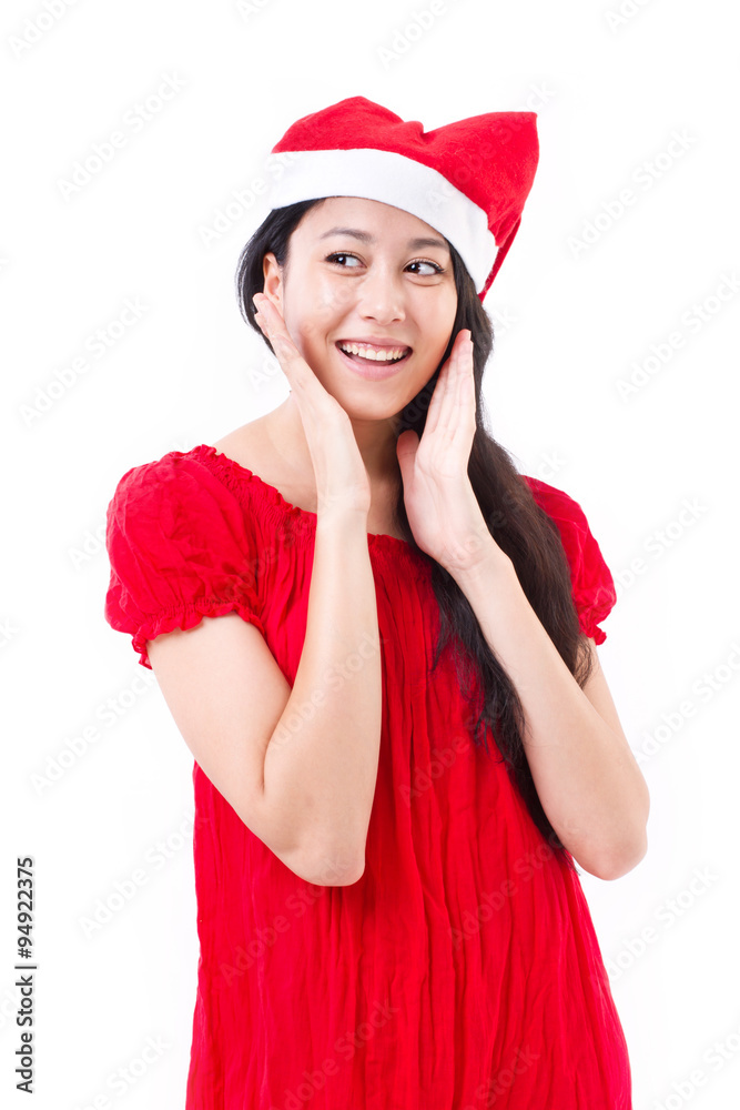 smiling, happy christmas woman looking up smiling, happy christmas woman looking up