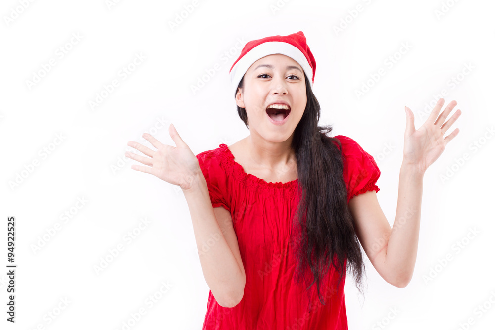 exited christmas lady with red santa hat exited christmas lady with red santa hat