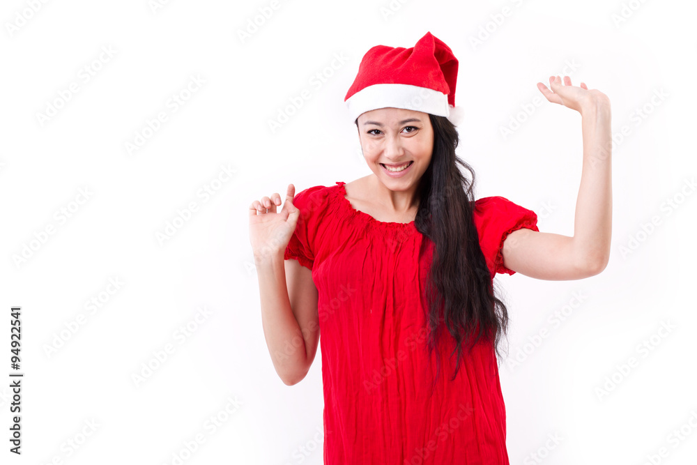 exited christmas lady with red santa hat exited christmas lady with red santa hat