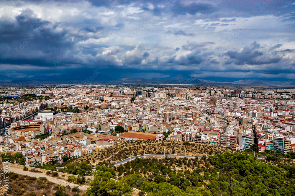 View of Alicante from Santa Barbara castle on a stormy day, Costa Blanca, Spain