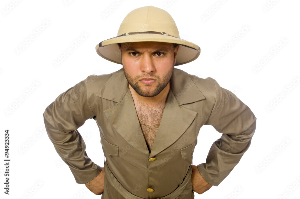 Man in safari hat isolated on white Man in safari hat isolated on white