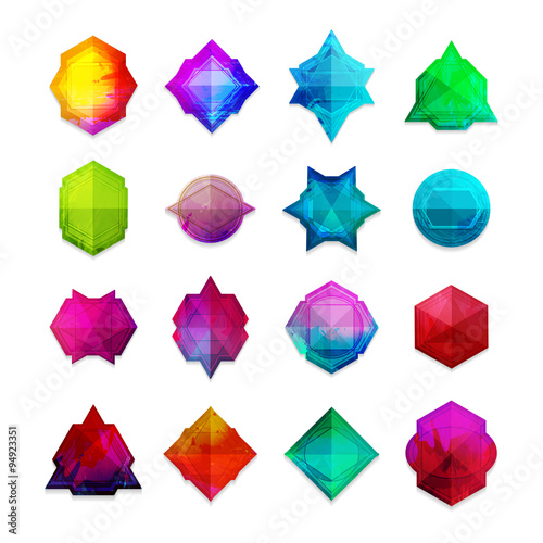 A set of colored gemstones in the geometric style. Good for a logo, label, badge, icons. Vector