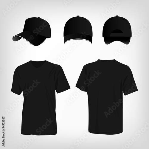 Sportswear black t-shirt and black baseball cap vector set