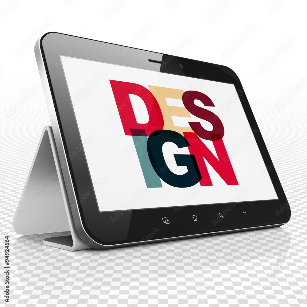 Advertising concept: Tablet Computer with Design on display Advertising concept: Tablet Computer with Design on display