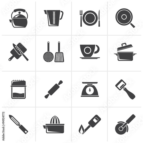 Black kitchen gadgets and equipment icons - vector icon set
