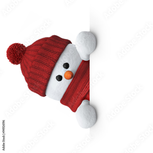 Snowman with wooly hat holding blank board sideways photo